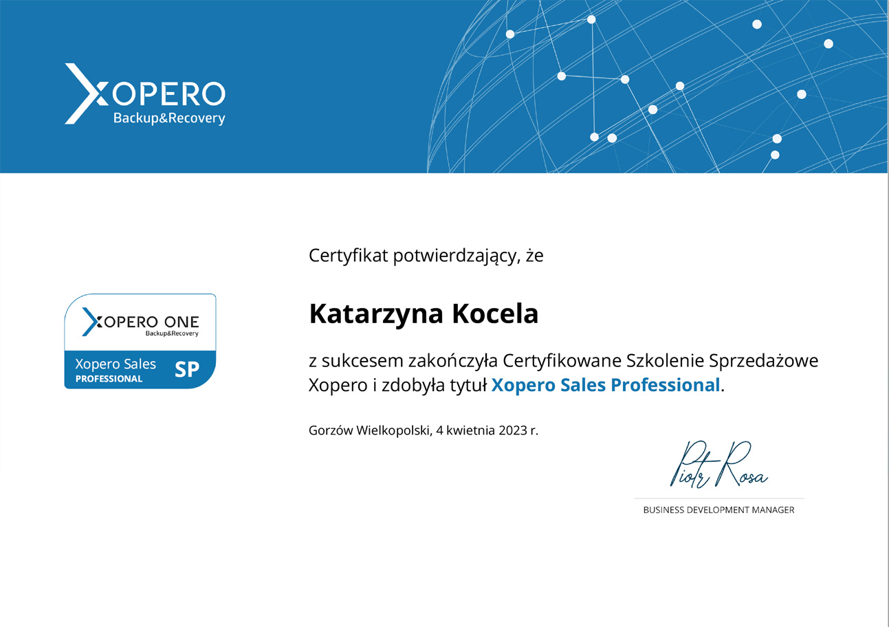 Certyfikat Xopero Sales Professional